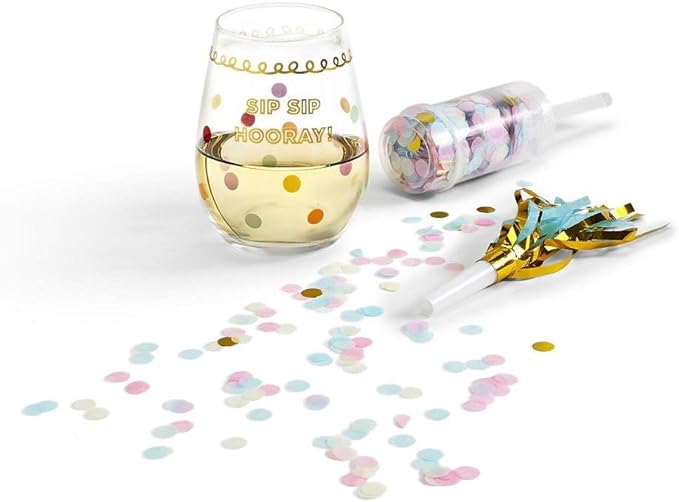 Sip Sip Hooray! Happy Birthday Stemless Glass with Confetti Popper and Noise Maker