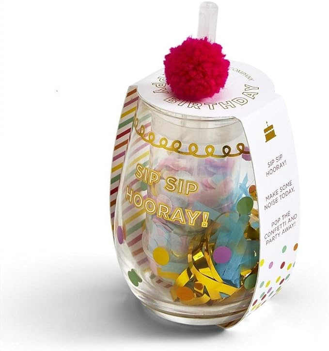Sip Sip Hooray! Happy Birthday Stemless Glass with Confetti Popper and Noise Maker