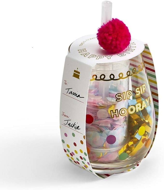 Sip Sip Hooray! Happy Birthday Stemless Glass with Confetti Popper and Noise Maker